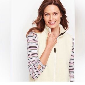 Talbots Full Zip Fleece Vest  Ivory Cream Side Pockets - size Small -Sherpa